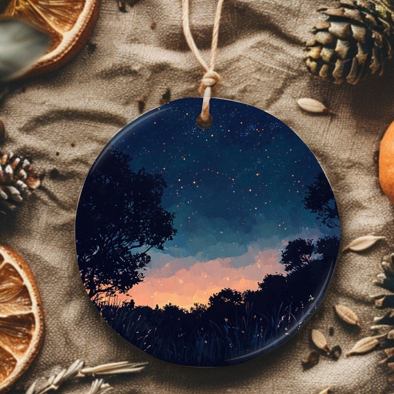 Tranquil Night Sky Ornament Mystical Celestial Art Decor Starry Night Back To Back Print Ornament With Gold String Cosmic Holiday Gift