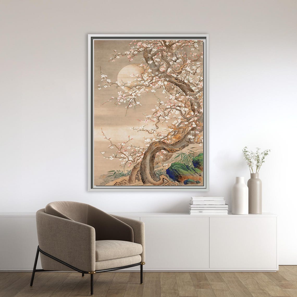 Vintage Japanese Cherry Blossom Tree Moonlight Nature Poster - Image 2