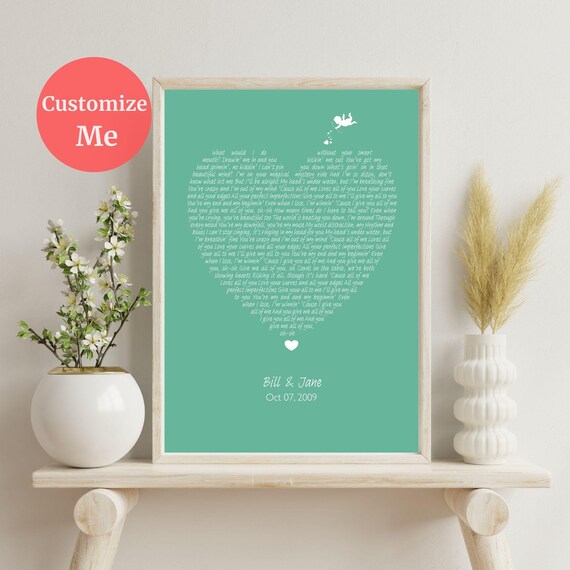 Personalized Heart Shaped Lyric Song Anniversary Gift Poster