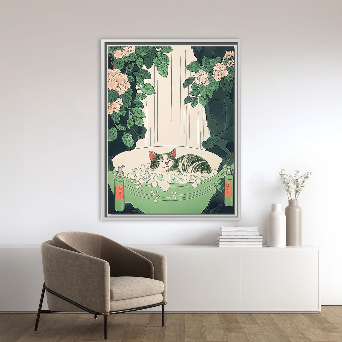 Japanese Cat Bathing in a Green Tub Ukiyo-e Style Funny Art Poster - Image 2