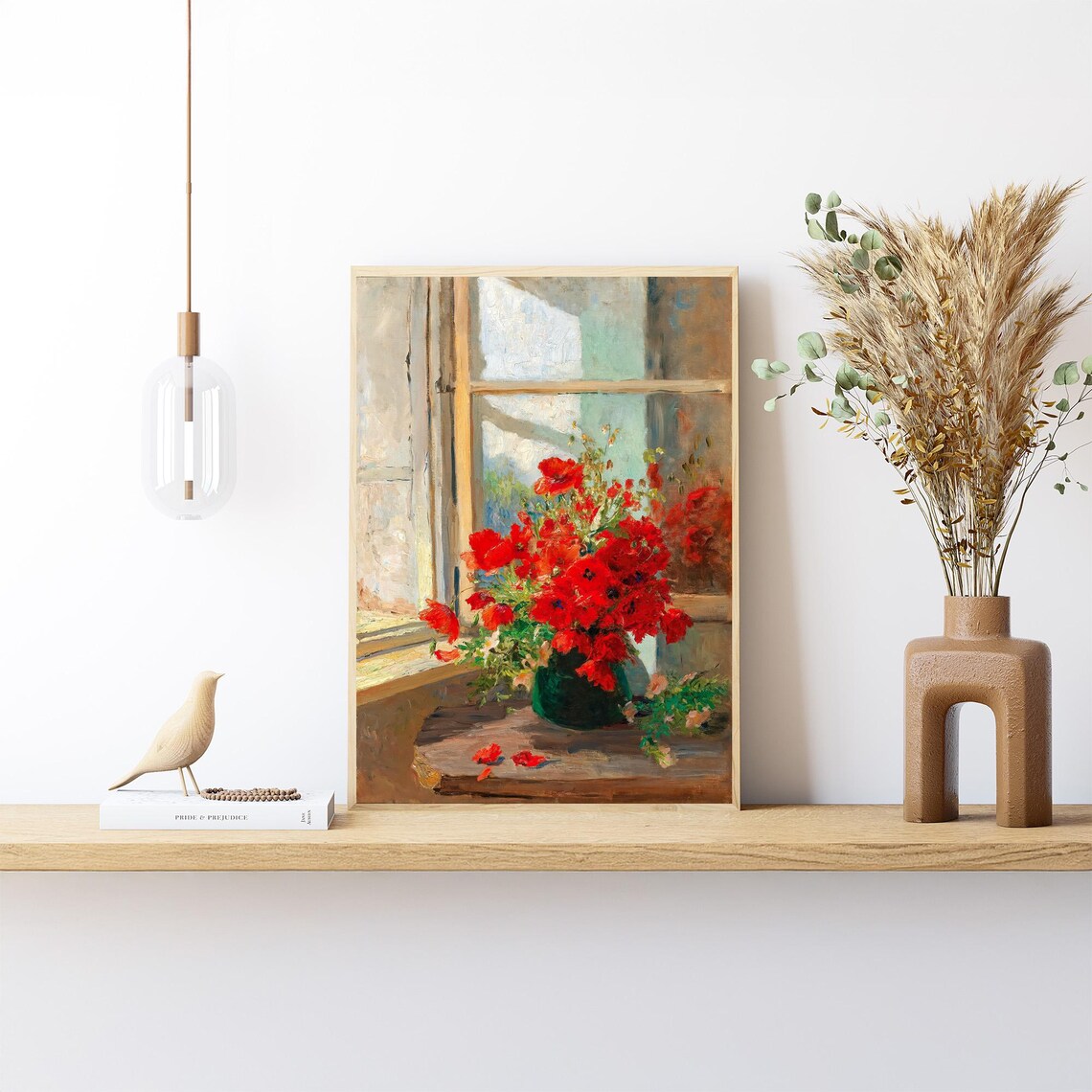 Red Poppies Green Vase Sunlit Window Impressionist Floral Poster - Image 3