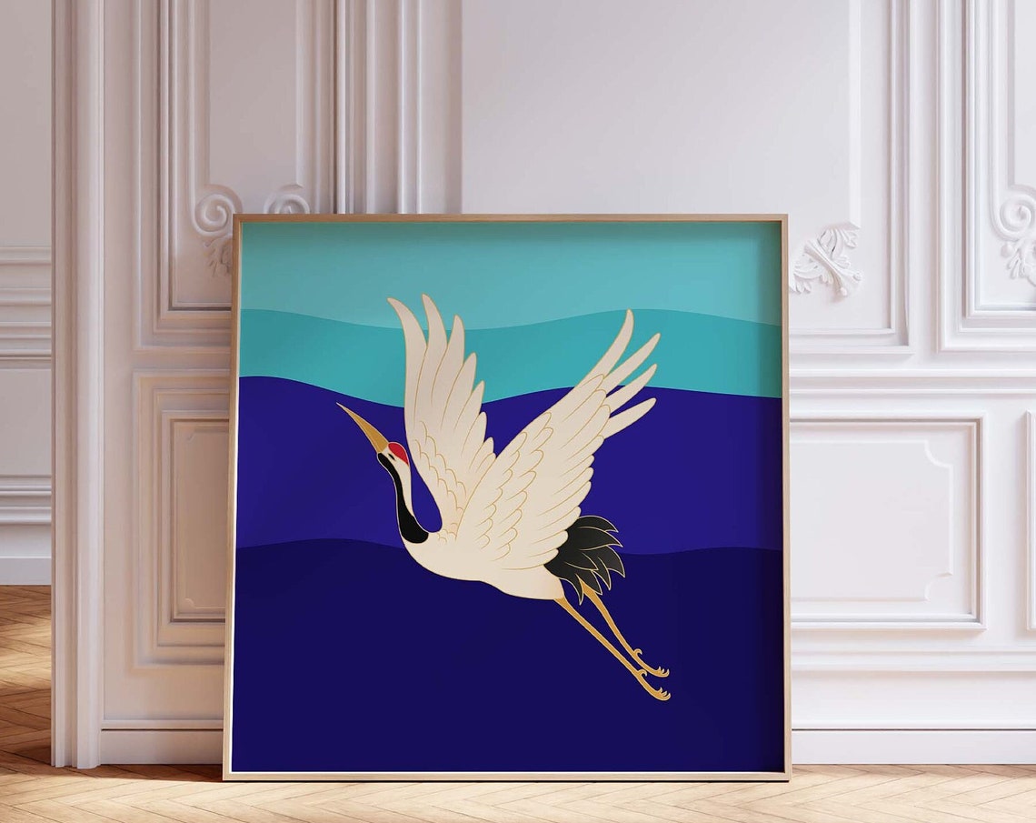Red Crowned Crane in Flight Over Teal Waves Japanese Style Art Poster