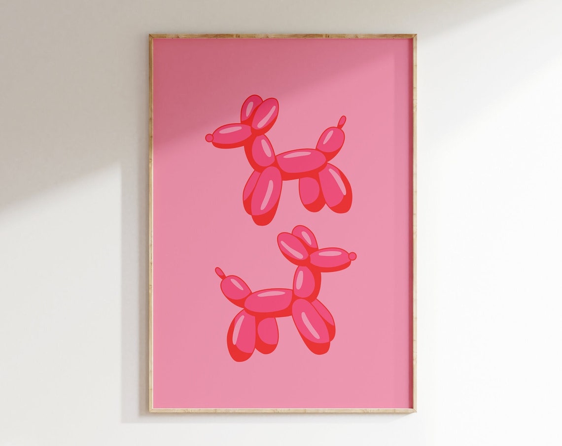 Twin Pink Balloon Dogs Minimalist Soft Pink Backdrop Fun Art Poster