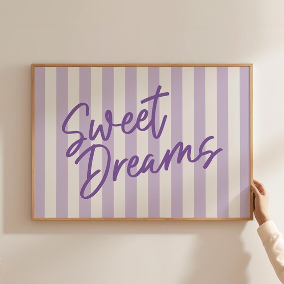 Sweet Dreams Purple Striped Script Calming Bedroom Art Poster