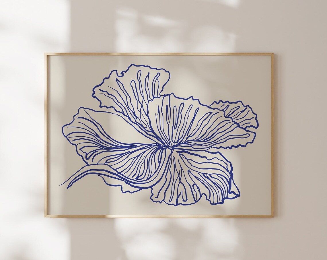 Blue Line Art Hibiscus Flower Minimal Botanical Beige Wall Poster