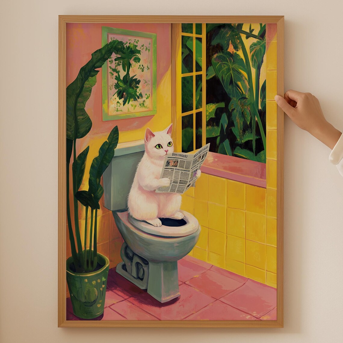 Funny Toilet Cat Poster, Trendy White Wall Art