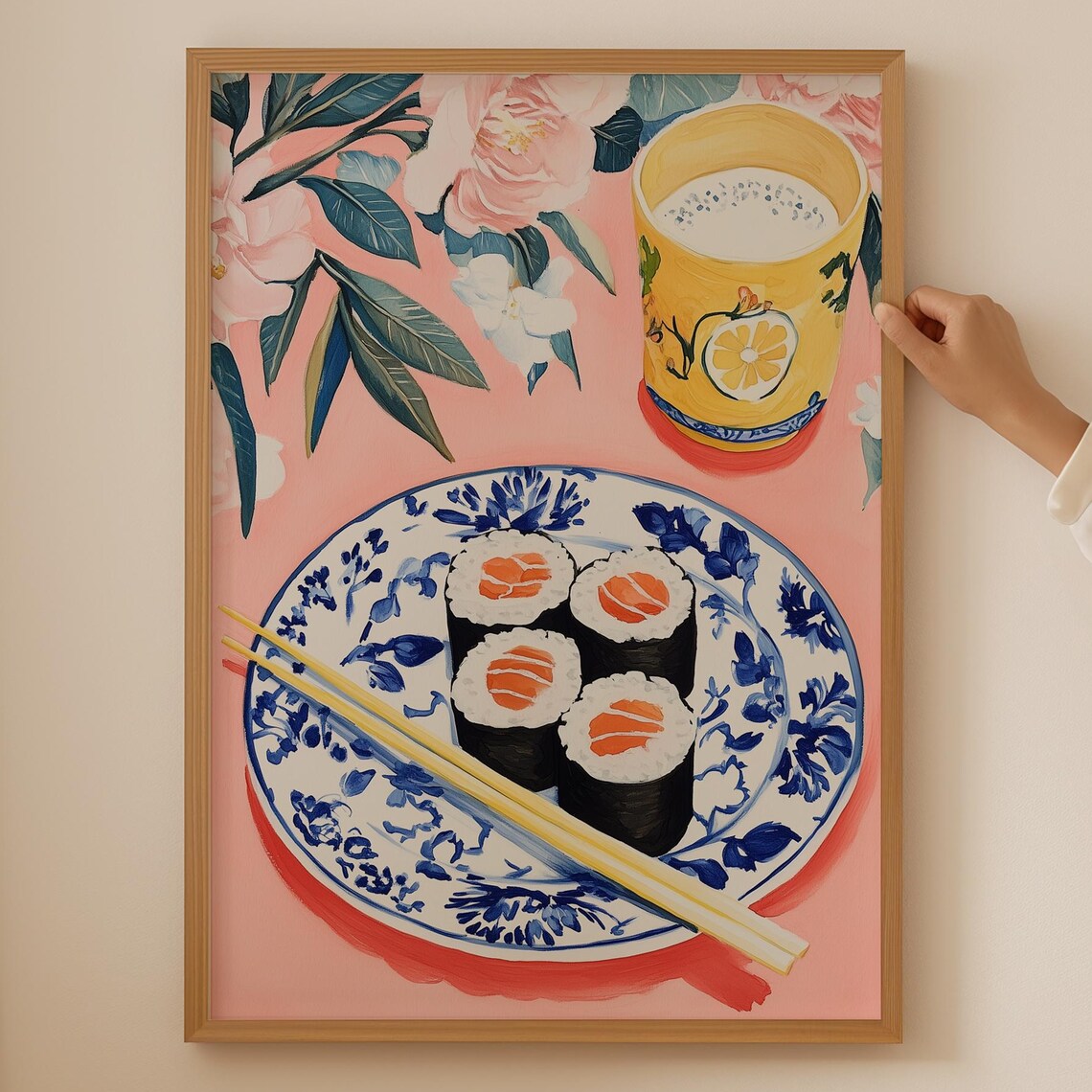 Salmon Sushi Rolls Blue Porcelain Plate Floral Japanese Kitchen Art Poster