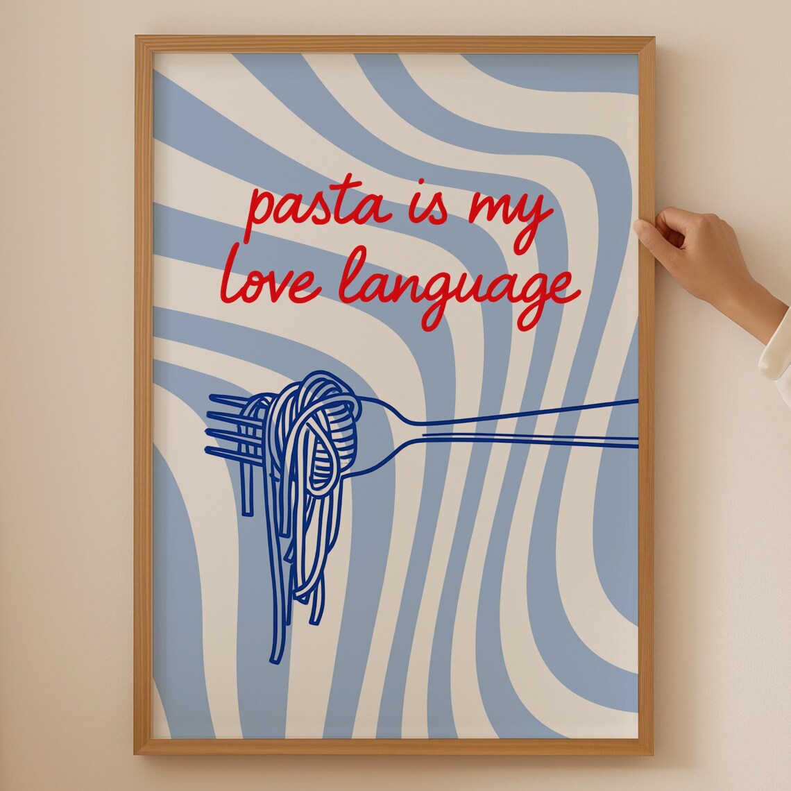 Pasta Is My Love Language Red Script Blue Swirl Italian Kitchen Wall Poster