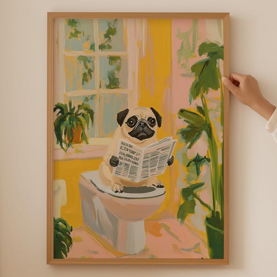 Pug Lover Poster Trendy Toilet Wall Art Funky Bathroom Decor Funny Gift Colorful Dog Print