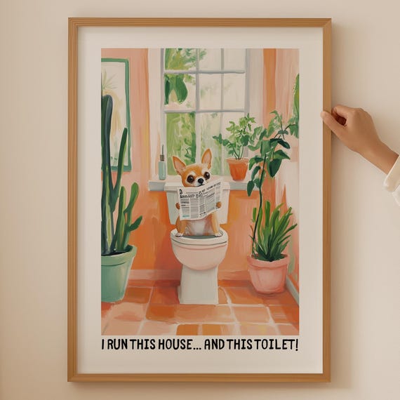 Cute Chihuahua Poster Funky Bathroom Decor Colorful Dog Print Funny Lover Gift Trendy Poop Toilet Wall Art