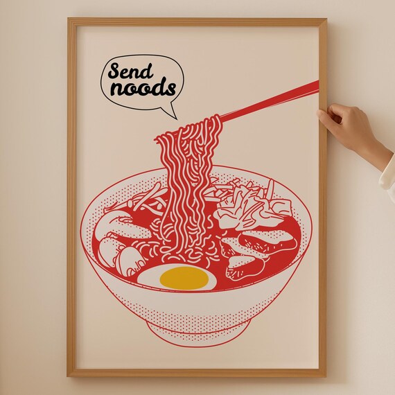 Send Noods Funny Ramen Bowl Speech Bubble Red Line Art Poster