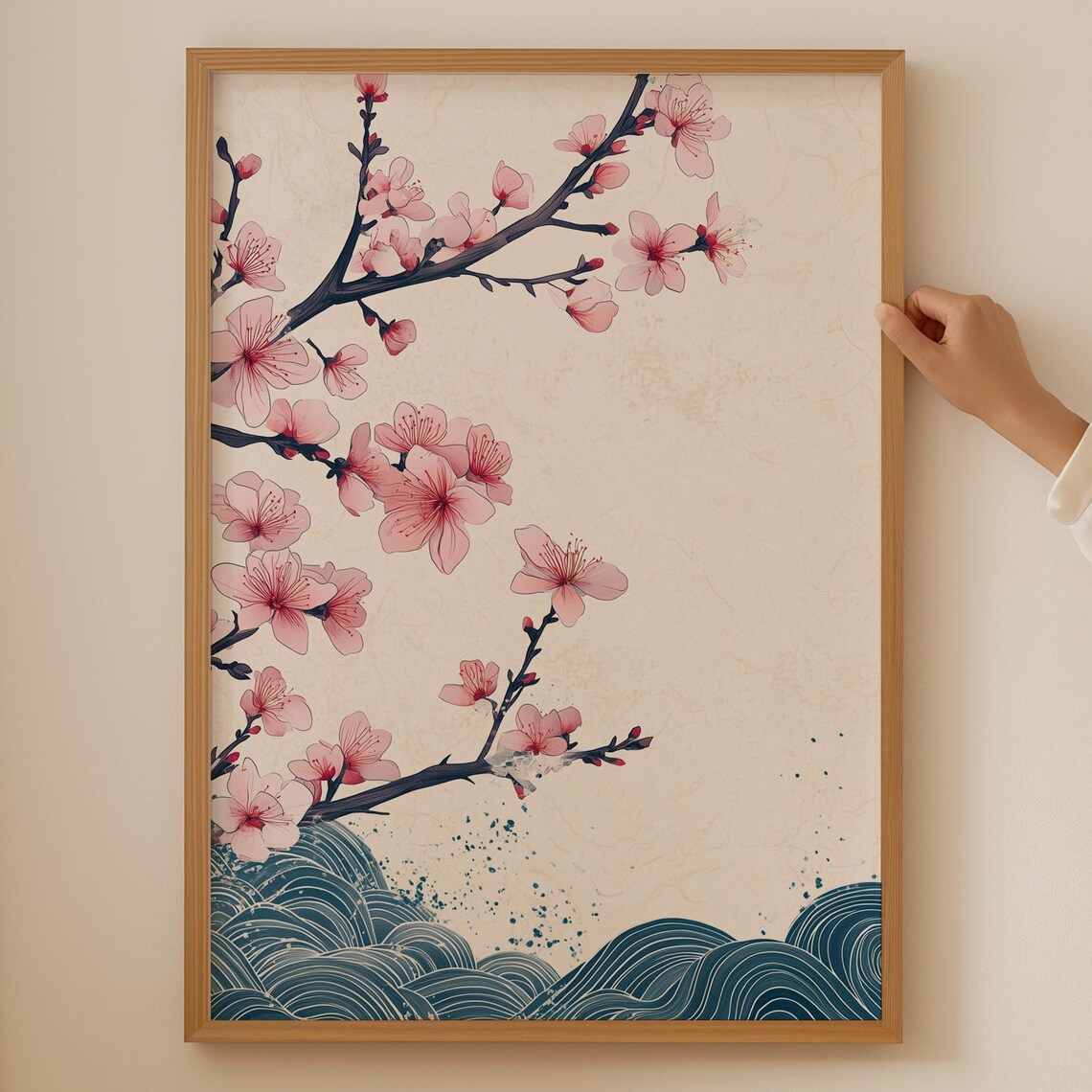 Japanese Pink Cherry Blossom Seigaiha Waves Floral Decor Art Poster