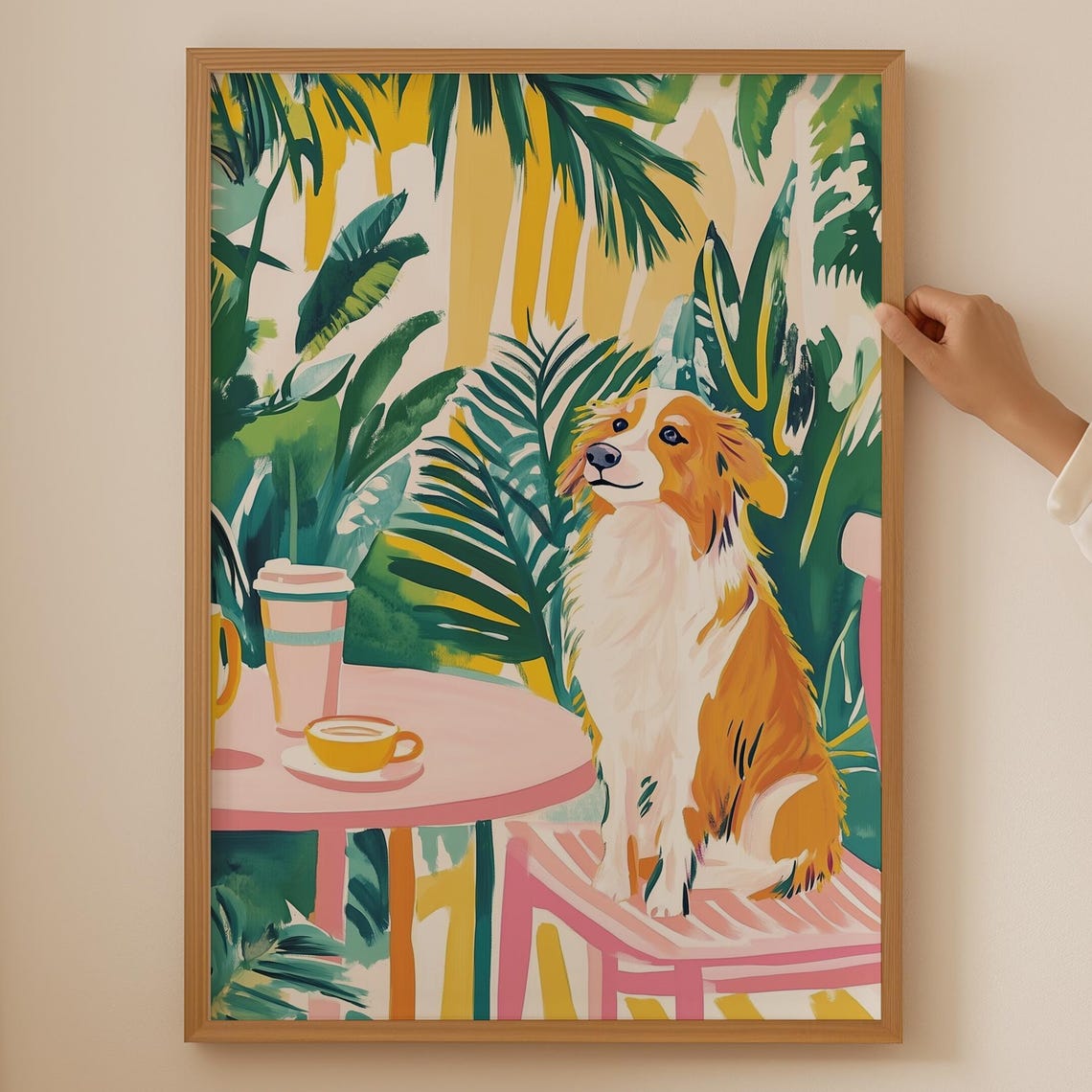 Australian Shepherd Cafe Date Tropical Coffee Print With Happy Dog
