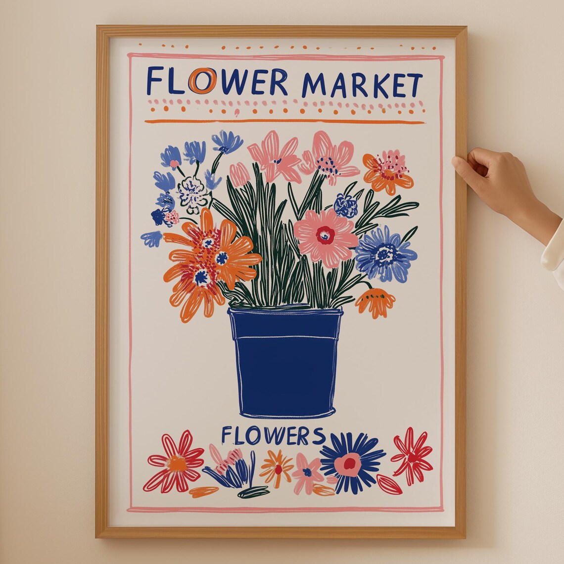 Flower Market Blue Bucket Bouquet Colorful Retro Floral Poster