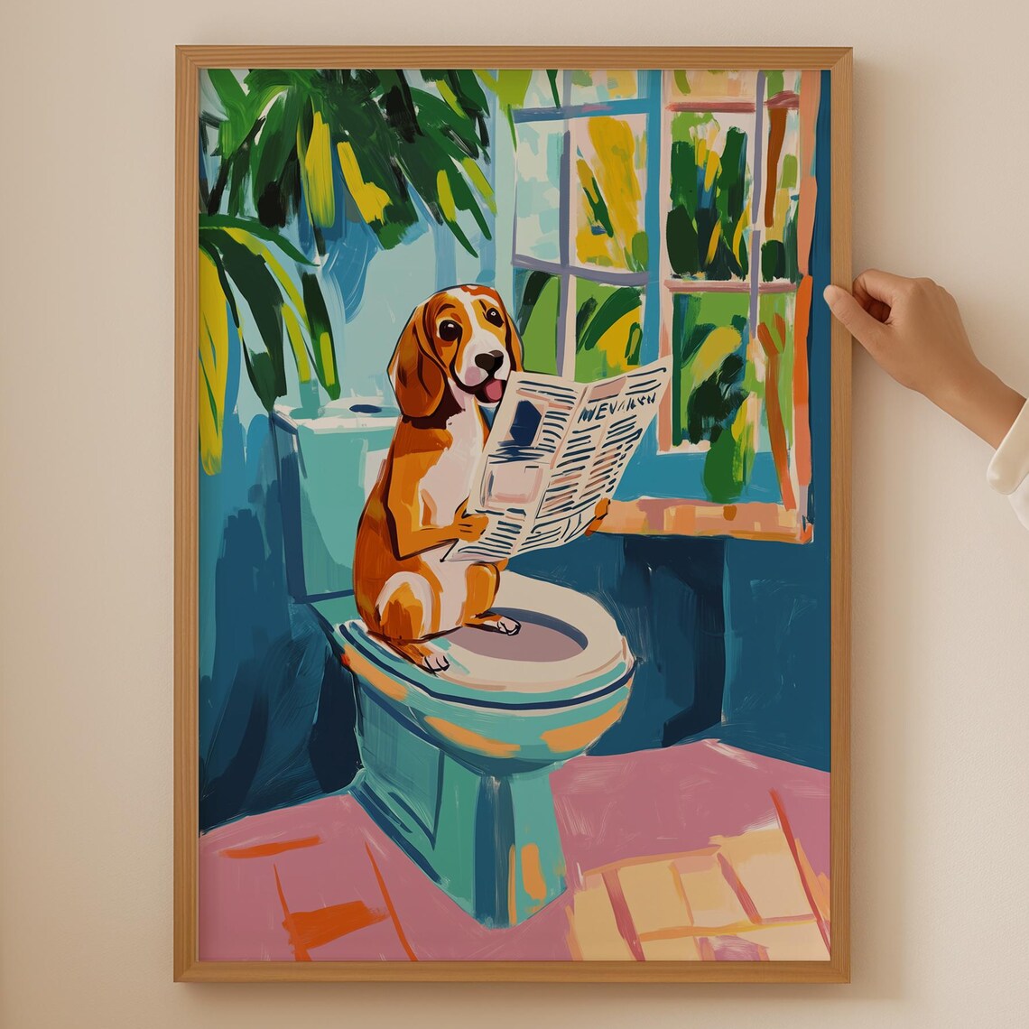 Funny Beagle on Toilet Reading Newspaper Poster Tropical Bathroom