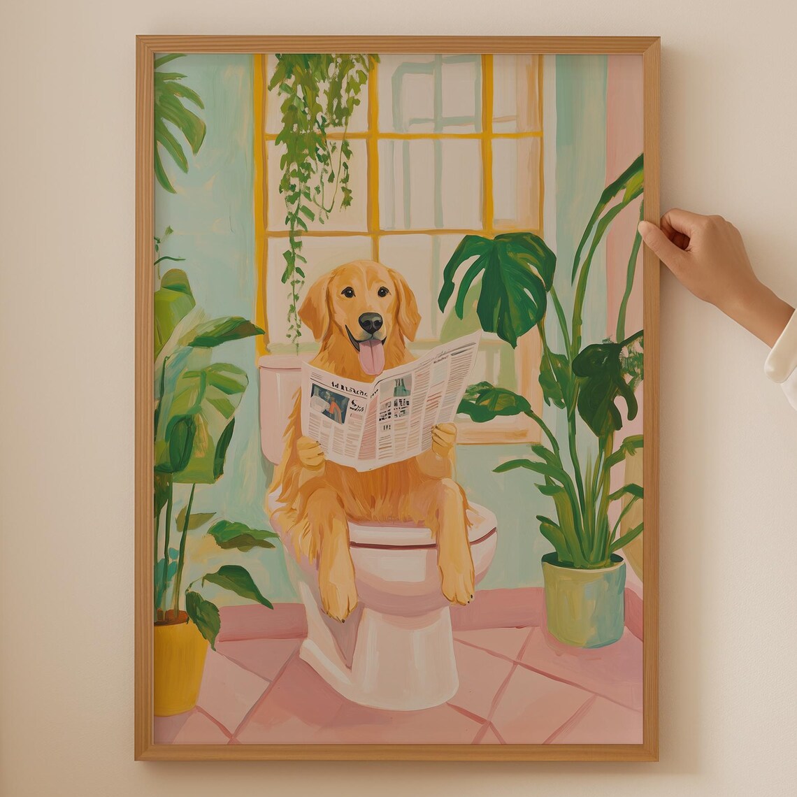 Golden Retriever Reading Newspaper on Toilet Bathroom Poster