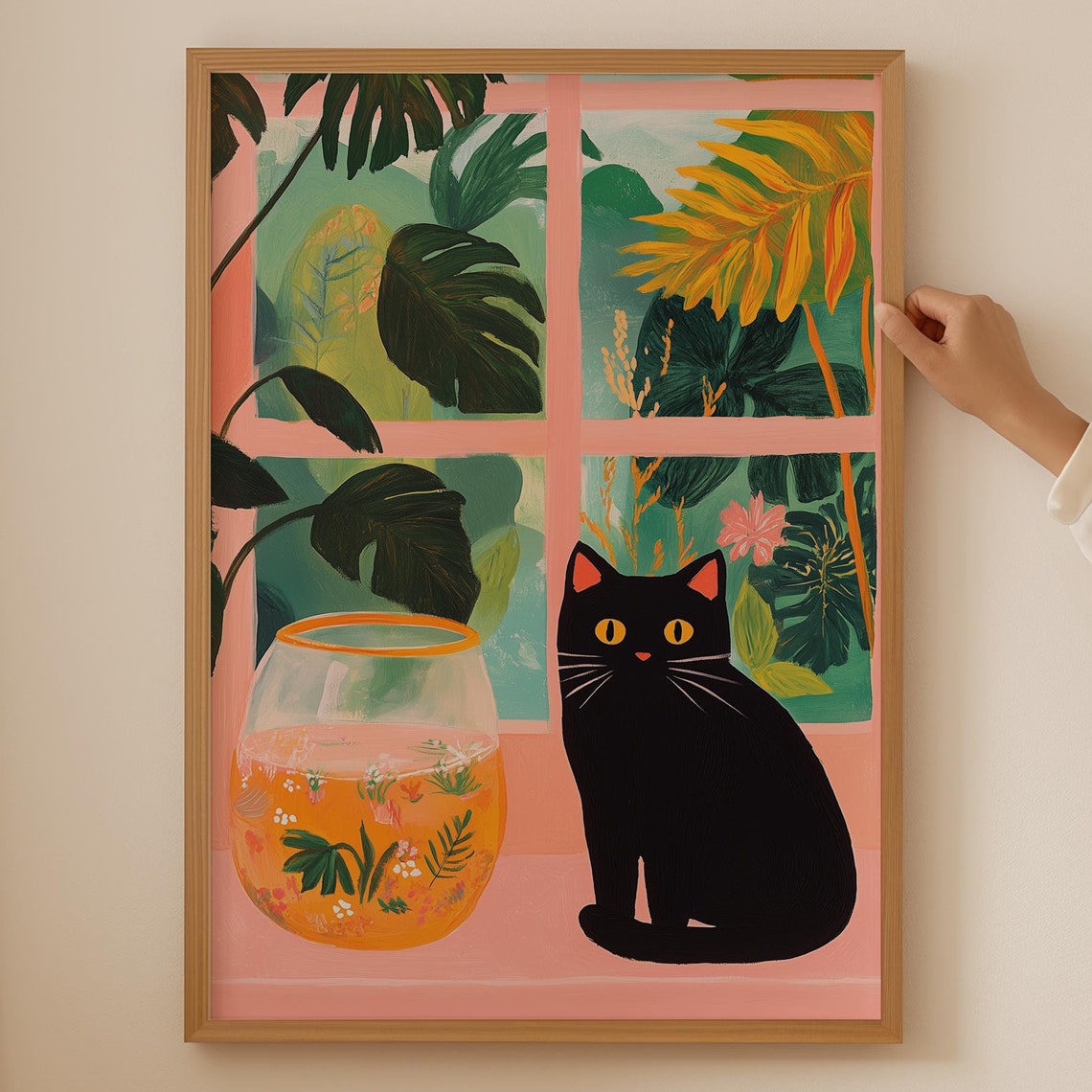 Black Cat with Fishbowl Pink Jungle Window View Trendy Poster
