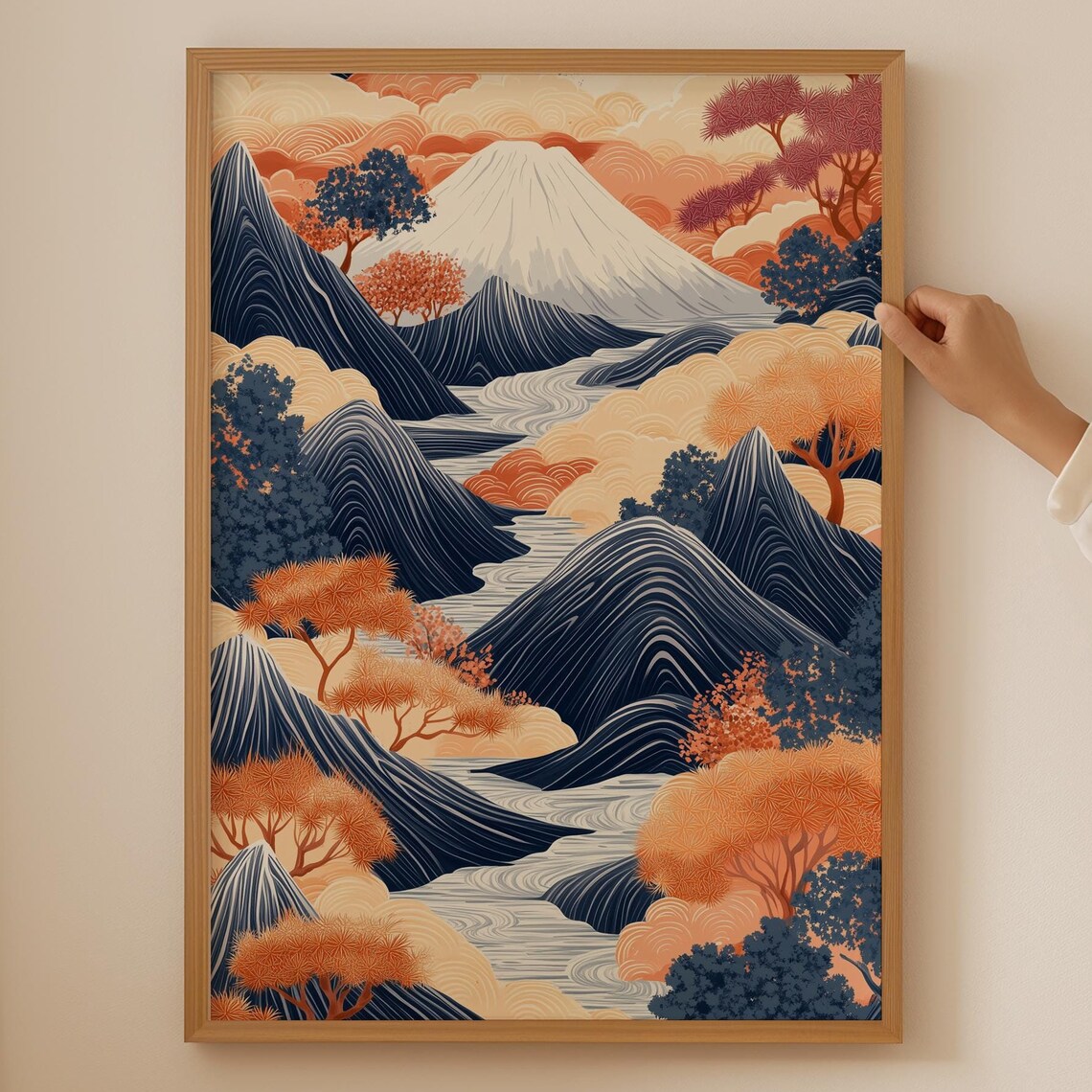 Snow Capped Fuji Navy Mountains Autumn Trees Japanese Style Poster