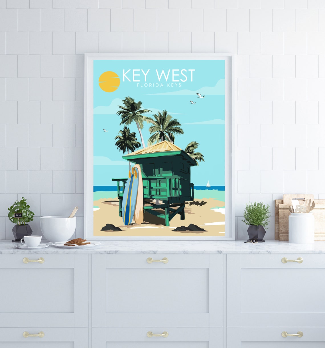 Key West Florida Keys Lifeguard Tower Beach Travel Poster Art - Image 3