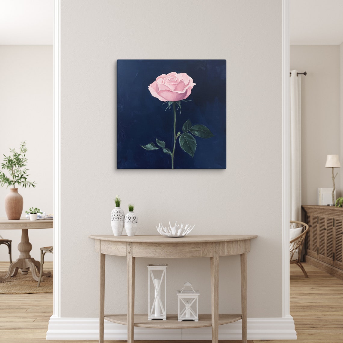 Pink Rose Navy Blue Background Dramatic Single Stem Art Poster - Image 4
