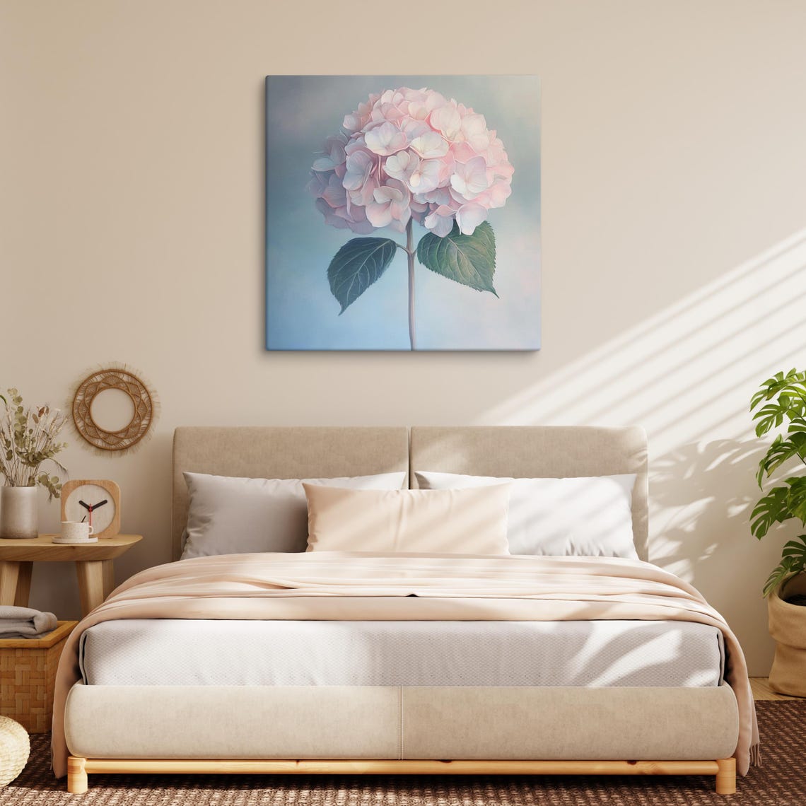 Pink Hydrangea Bloom On Stem Soft Blue Background Print Poster - Image 2