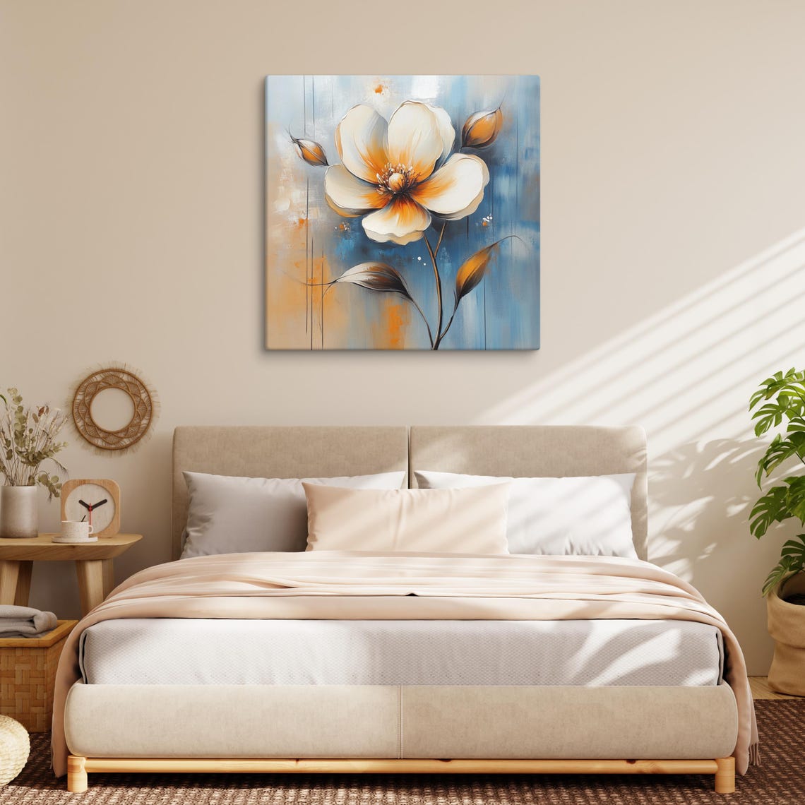 White Flower Orange Amber Center Blue Abstract Modern Statement Poster - Image 5