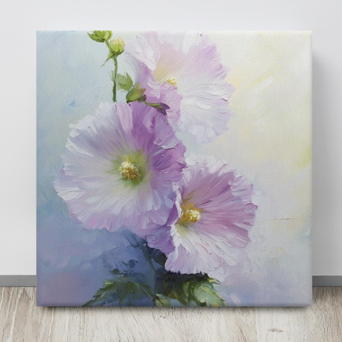 Lavender Hollyhock Blooms Soft Blue Cottage Garden Painting Print - Image 3