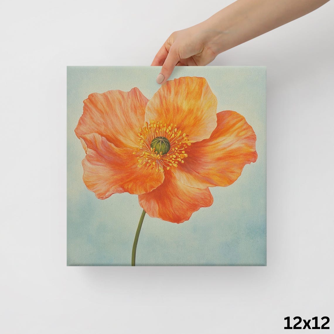 Orange Poppy Single Bright Bloom Soft Blue Floral Painting Print - Image 2