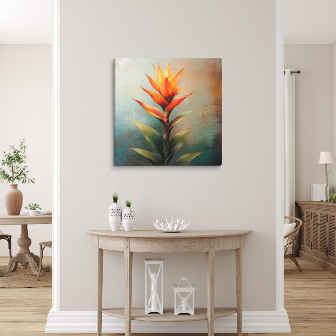 Orange Guzmania Bromeliad Flower Teal Background Painting Poster - Image 3