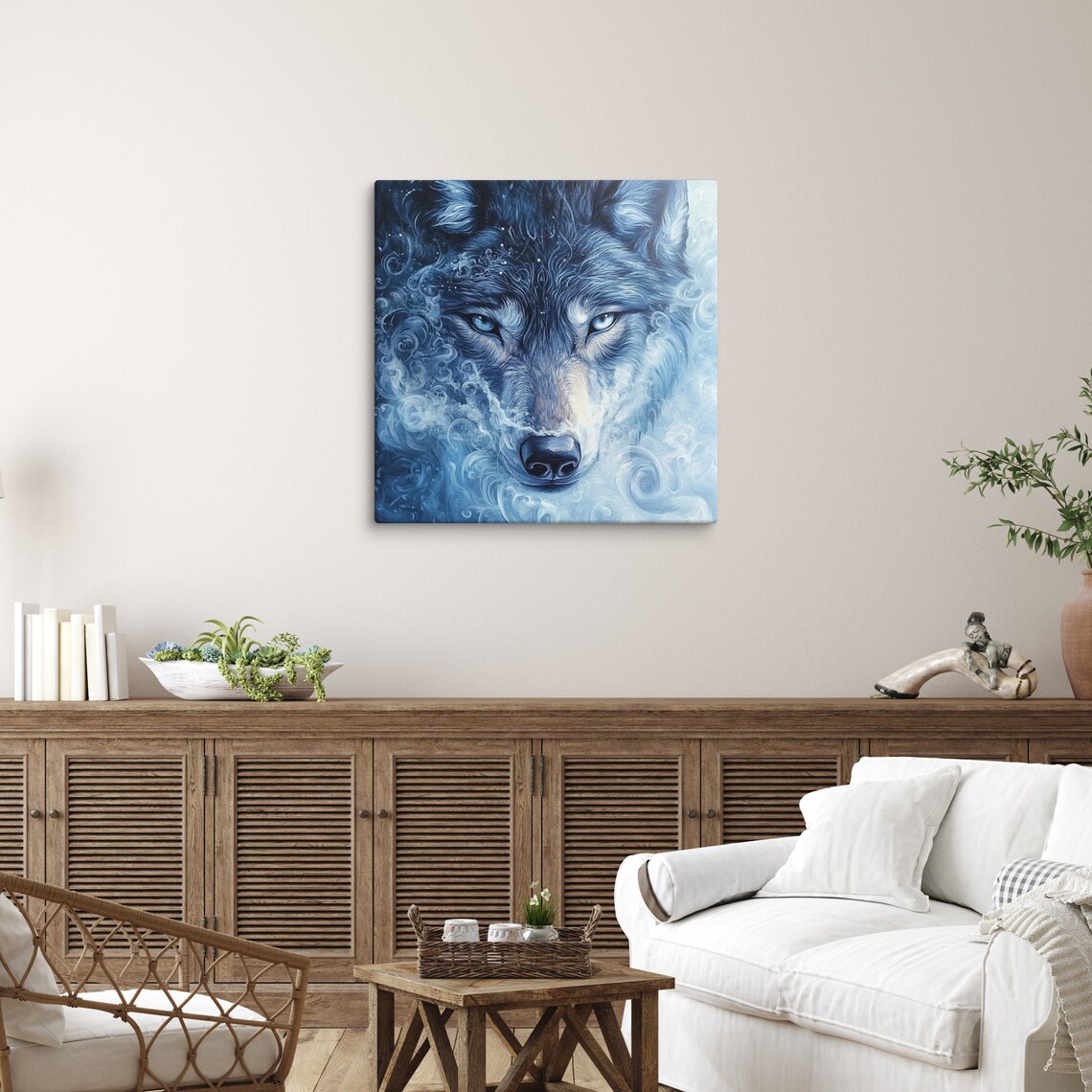 Mystical Blue Wolf Spirit Animal Face Winter Painting Canvas Art Print - Image 5