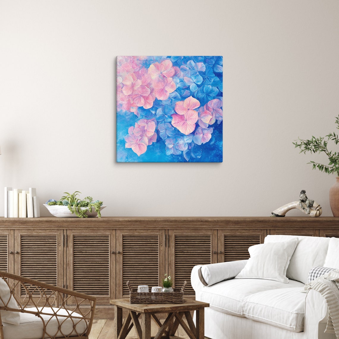Pink Blue Hydrangea Blossom Close-Up Oil Painting Floral Poster - Image 3