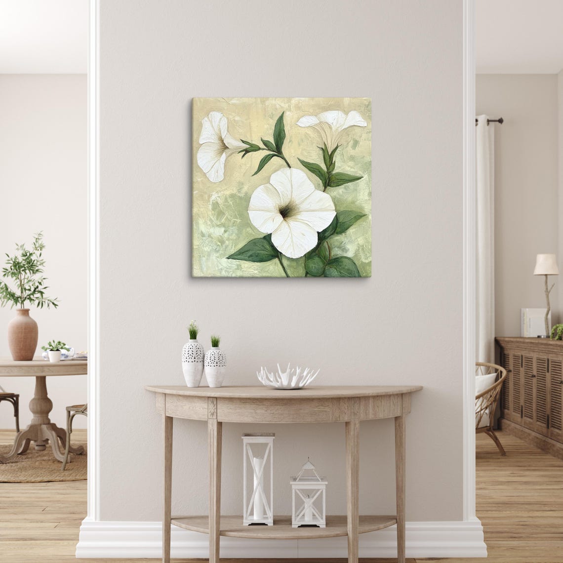 White Petunia Trumpet Blossoms Sage Green Oil Painting Poster - Image 3