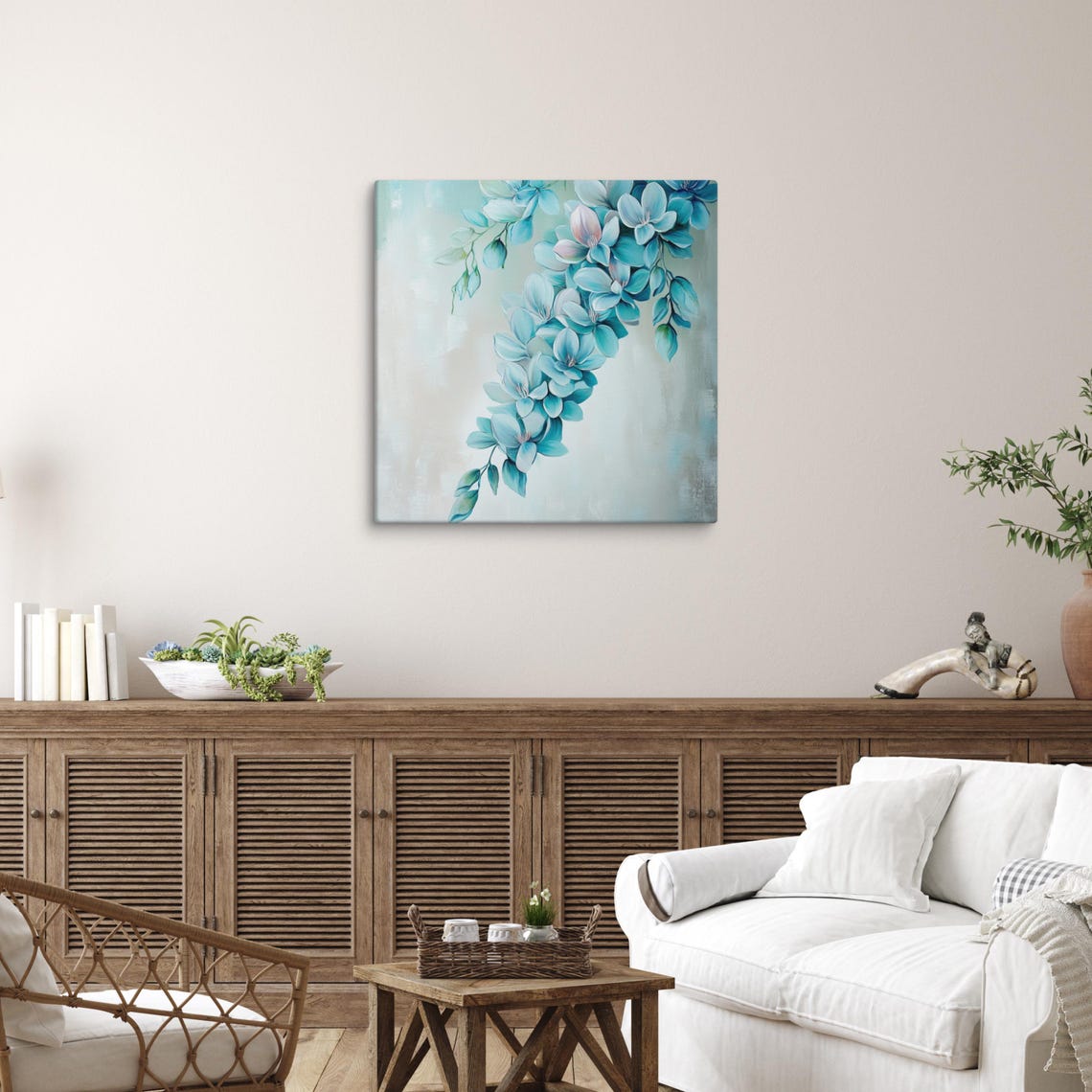 Blue Blossom Cascade Teal Botanical Floral Watercolor Art Poster - Image 3