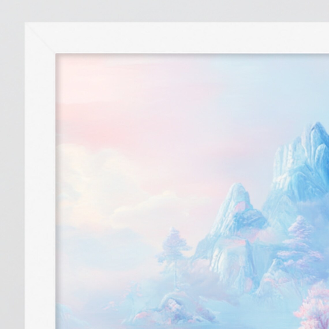 Pastel Blue Mountains Pink Cherry Blossom Lake Reflection Art Print - Image 4