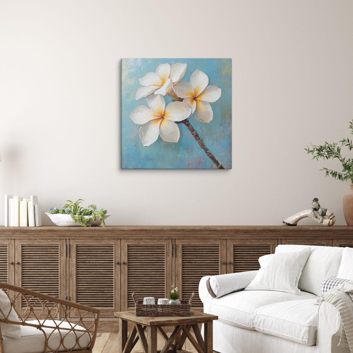 White Plumeria Golden Centers Turquoise Blue Tropical Coastal Poster - Image 5