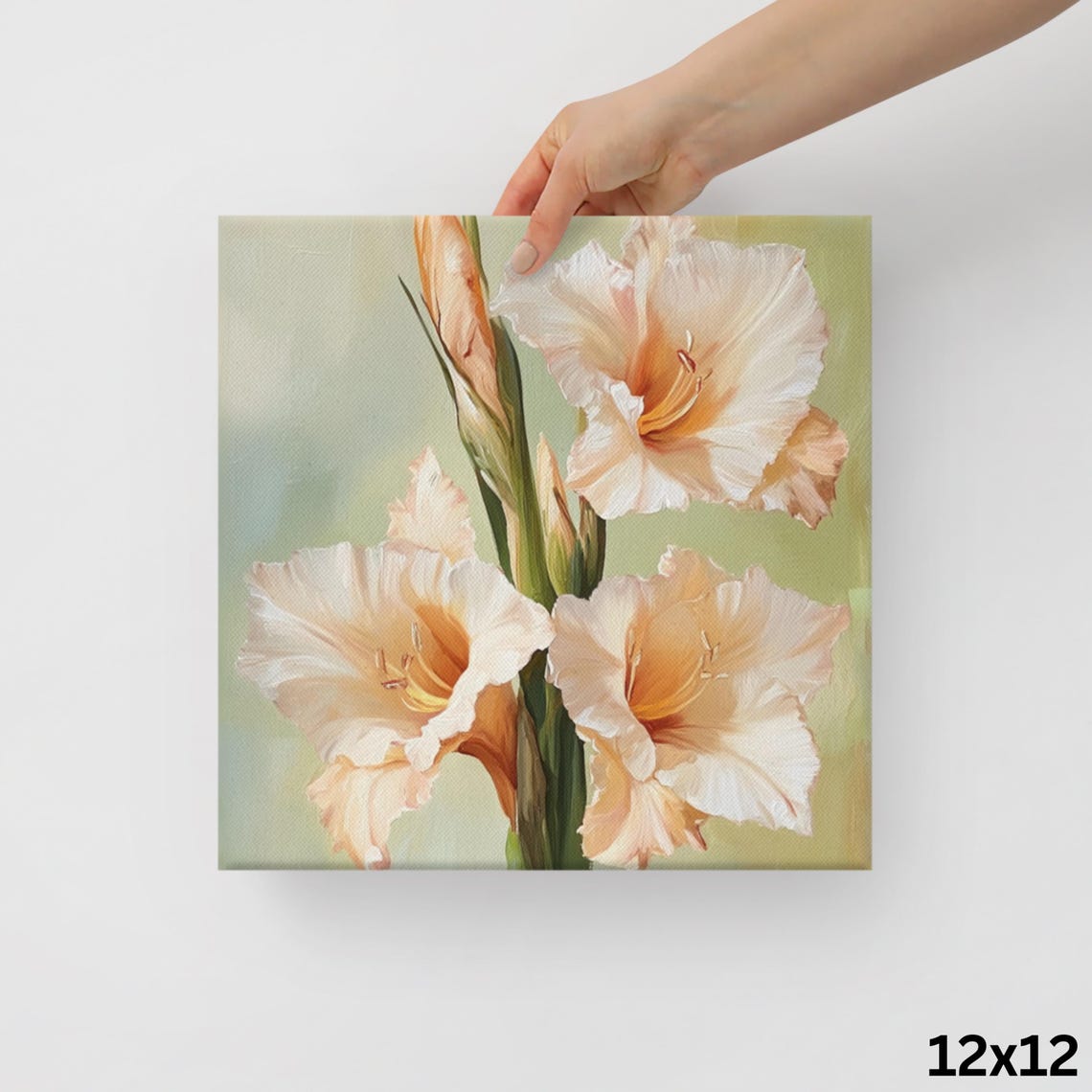 Peach Gladiolus Blooms Tall Spike Sage Green Floral Painting Print - Image 2