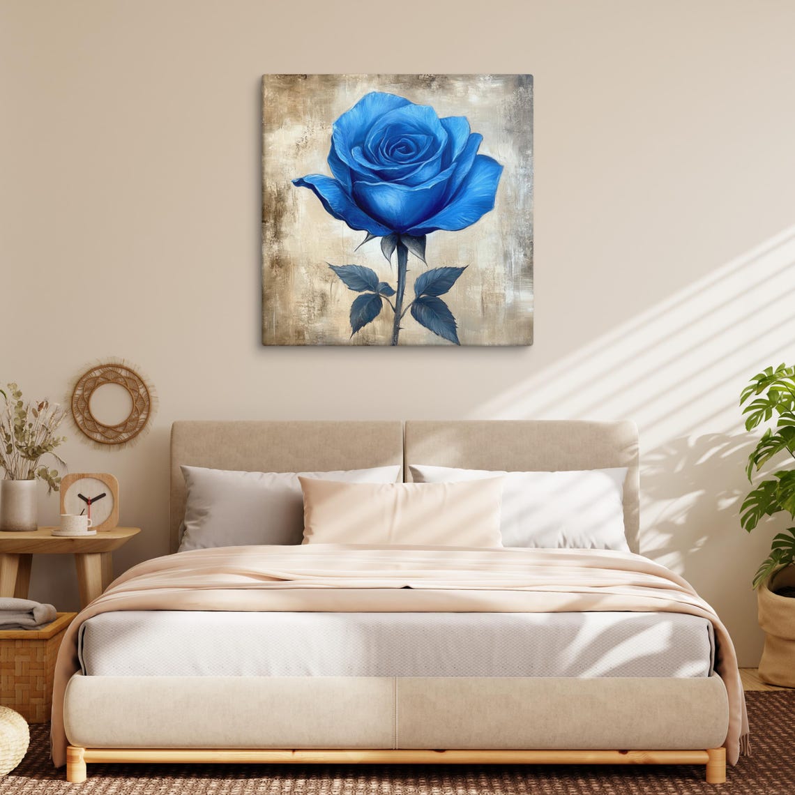 Blue Rose Single Bloom Vintage Beige Backdrop Floral Painting Print - Image 3