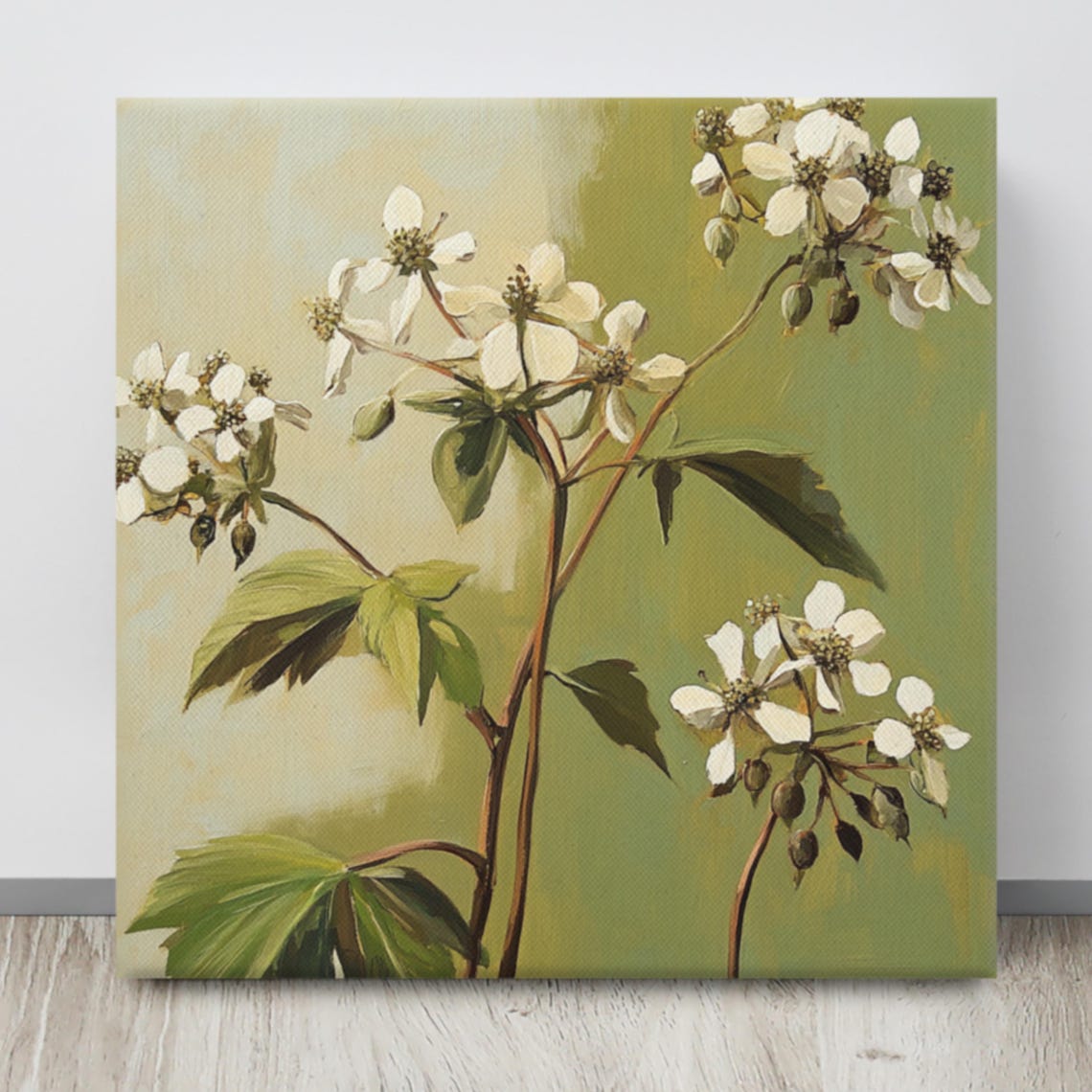 White Wildflowers on Olive Green Painterly Botanical Wall Art - Image 4