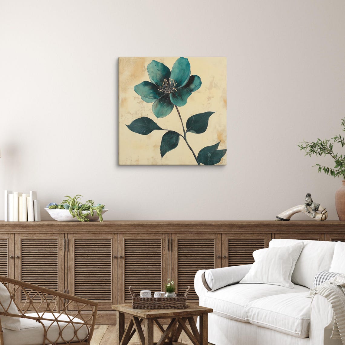Teal Green Flower Gold Stamens Beige Botanical Painting Wall Art - Image 5