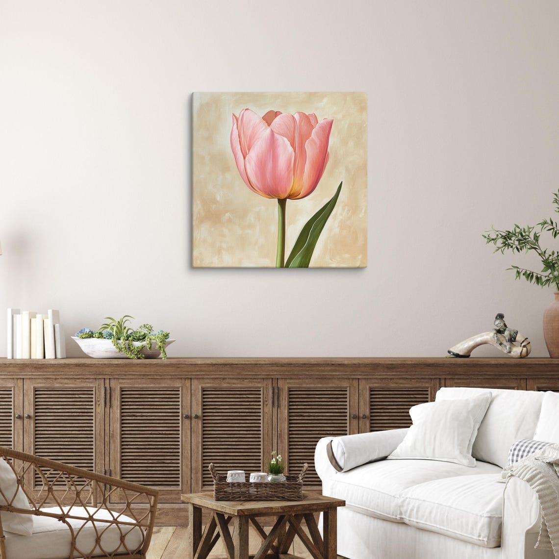 Pink Tulip Single Stem Bloom Beige Botanical Floral Painting Poster - Image 3