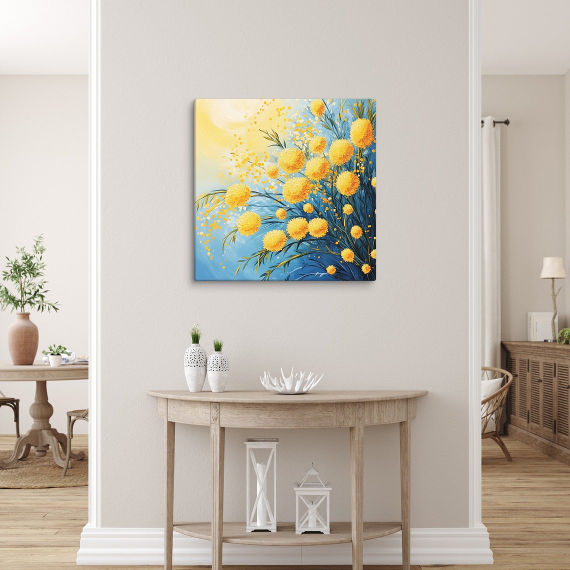 Yellow Mimosa Blossom Balls Blue Sky Impressionist Painting Poster - Image 2