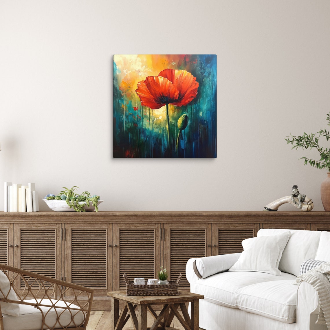 Red Poppy Blooms Teal Gold Impressionist Painting Art Poster - Image 4