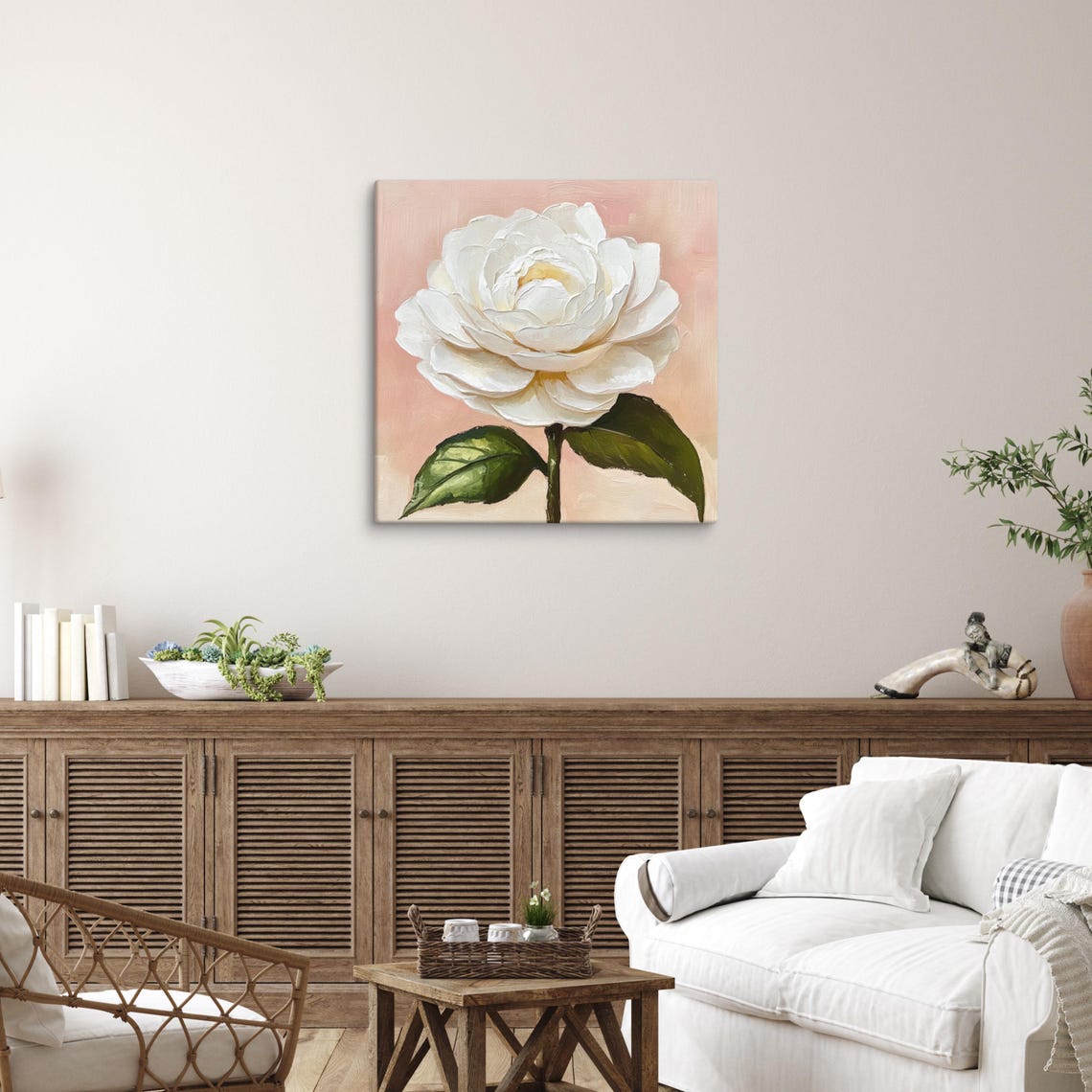 White Camellia Blush Pink Background Impasto Floral Art Poster - Image 3