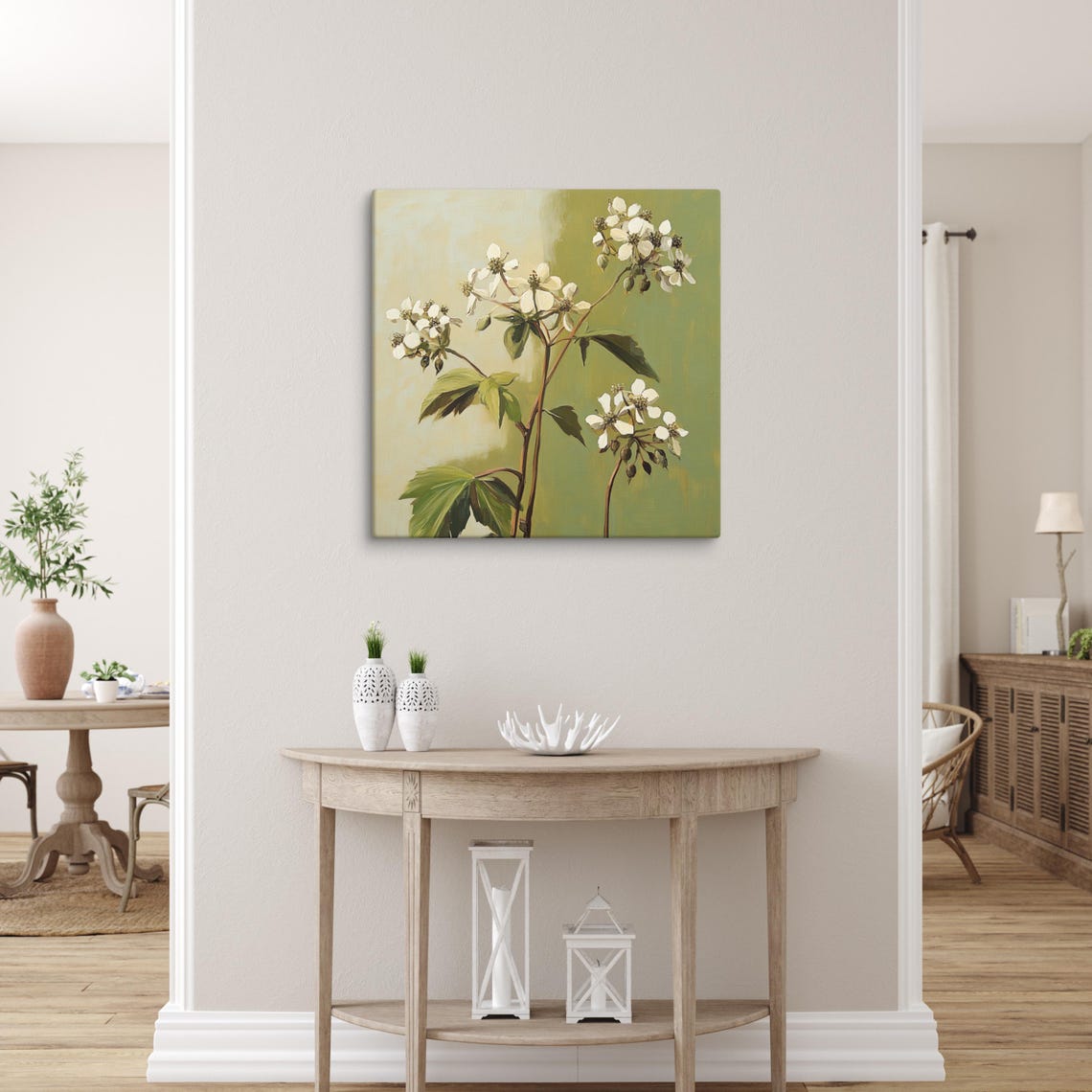 White Wildflowers on Olive Green Painterly Botanical Wall Art - Image 3