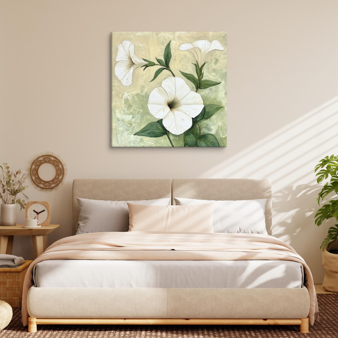 White Petunia Trumpet Blossoms Sage Green Oil Painting Poster - Image 2
