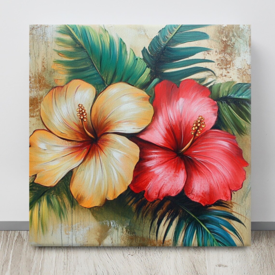 Tropical Hibiscus Red Yellow Flowers Palm Leaves Painting Poster - Image 4
