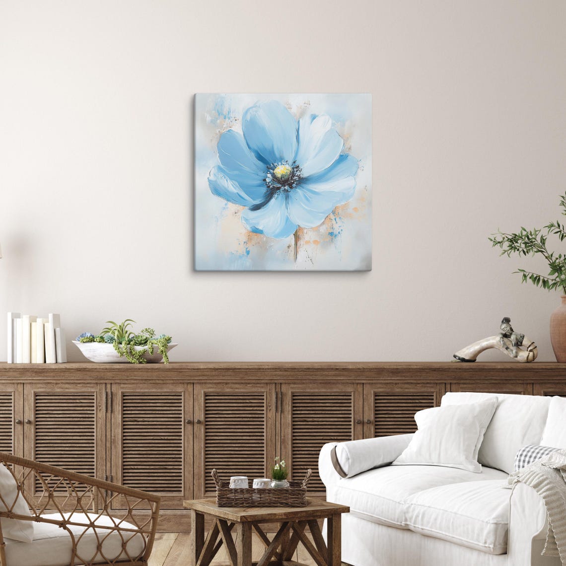 Blue Flower Bloom Impressionist Cream Background Painting Art Poster - Image 2