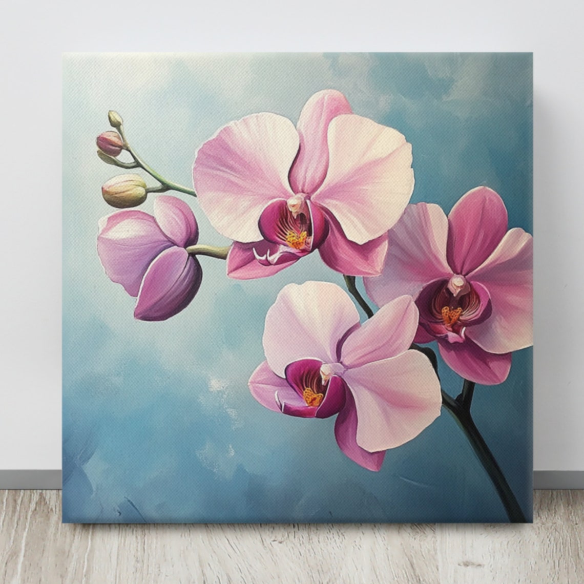 Pink Orchid Blossoms Teal Background Watercolor Painting Poster - Image 3
