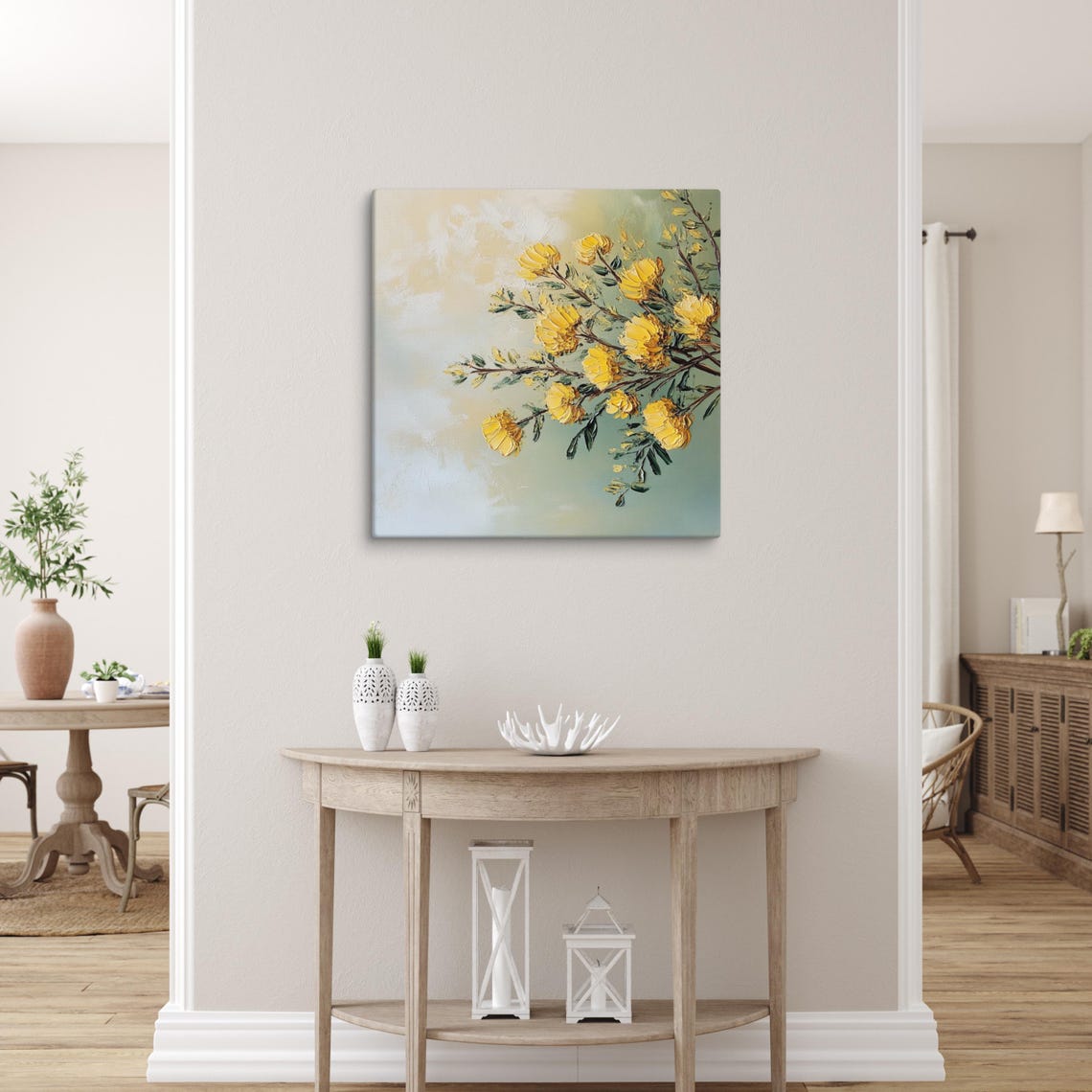 Yellow Acacia Blossoms Branch Sage Cream Floral Impasto Wall Art - Image 3