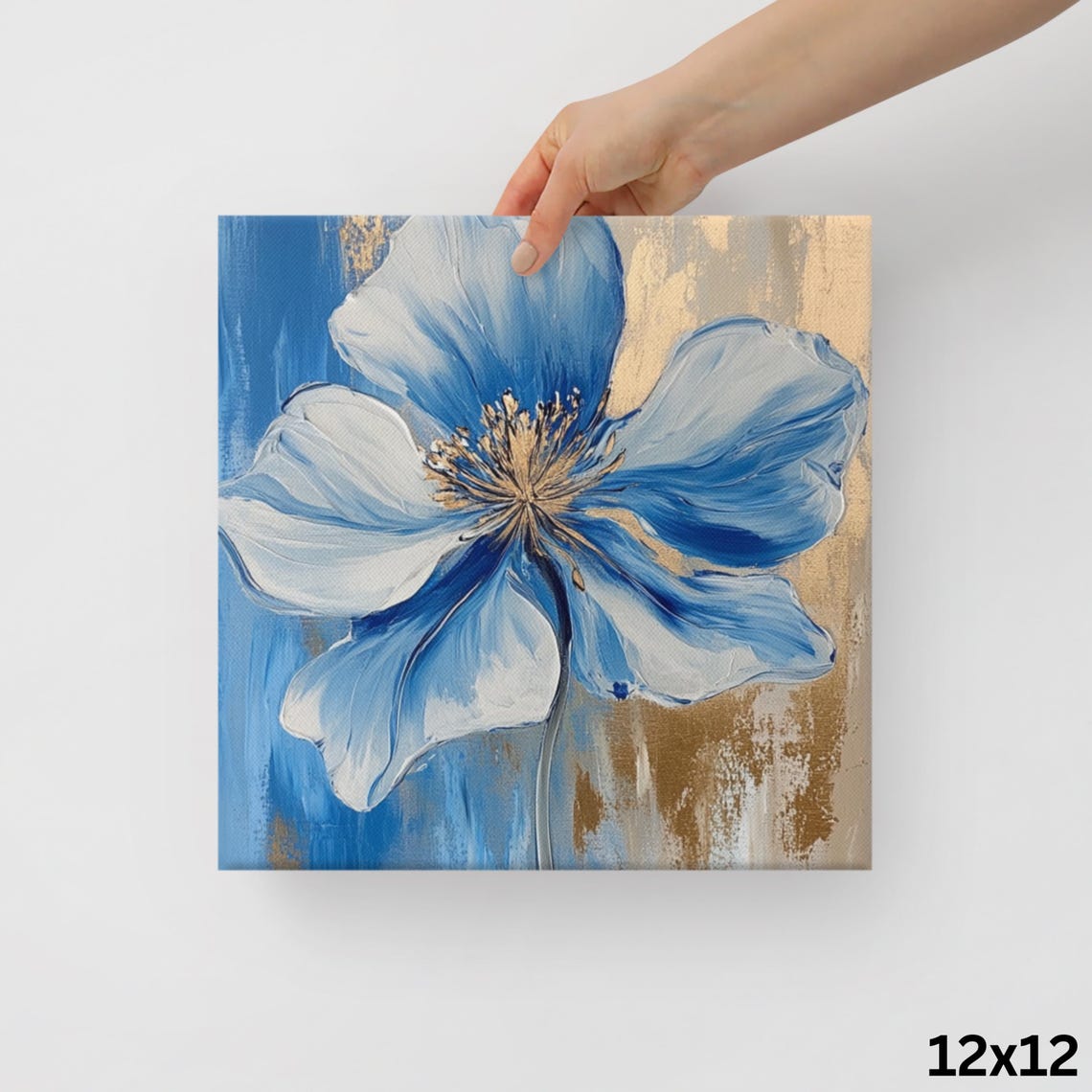 Blue White Flower Impasto Petals Blue Gold Abstract Art Poster - Image 2